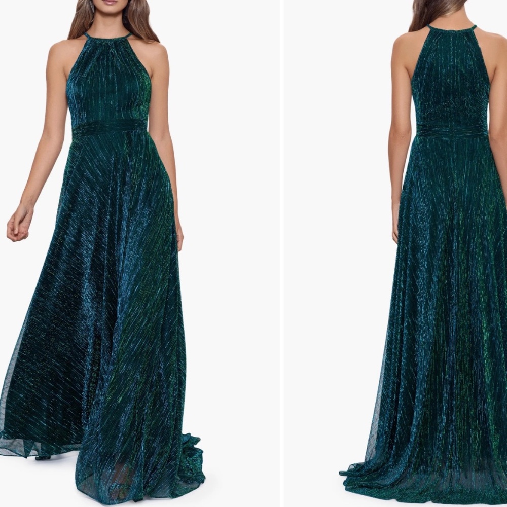 Size 4 NWT Betsy & Adam Glitter Halter Dress Metallic Sleeveless Crinkle Gown